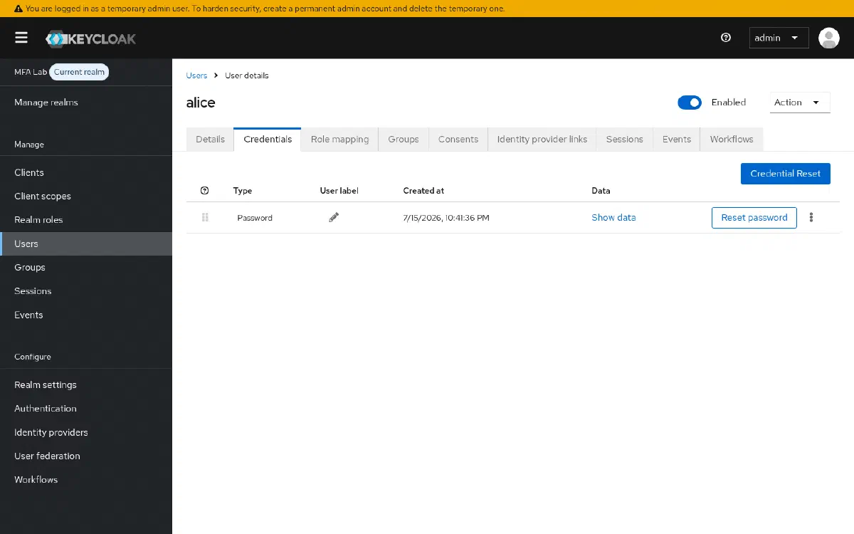 Tela de Credentials do usuário alice, mostrando a credencial Password já cadastrada