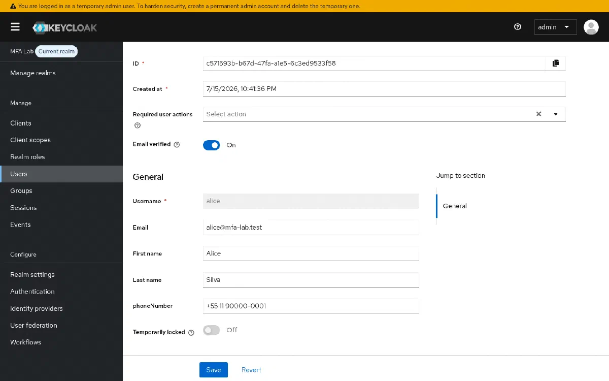 Tela de detalhes do usuário alice, mostrando username, email, nome, sobrenome e o campo phoneNumber já disponível no formulário