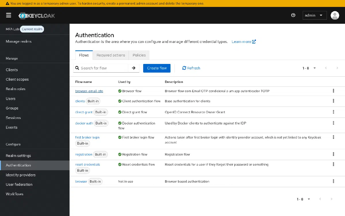 Tela de Authentication Flows listando browser-email-otp marcado como Browser flow, com a descrição do flow condicional