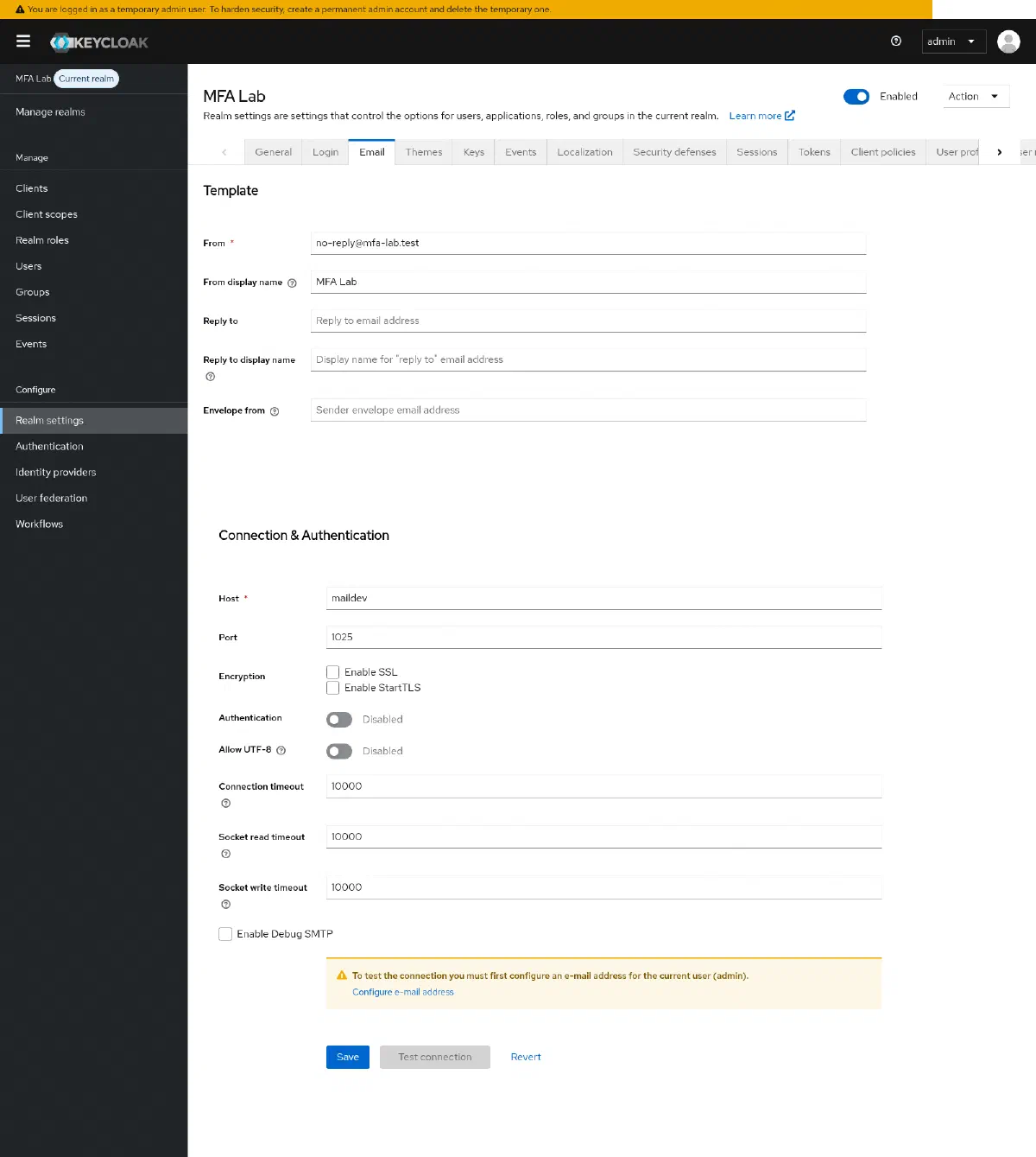 Tela de Email settings do realm mfa-lab, com Host maildev, Port 1025, SSL e StartTLS desligados e Authentication desabilitada