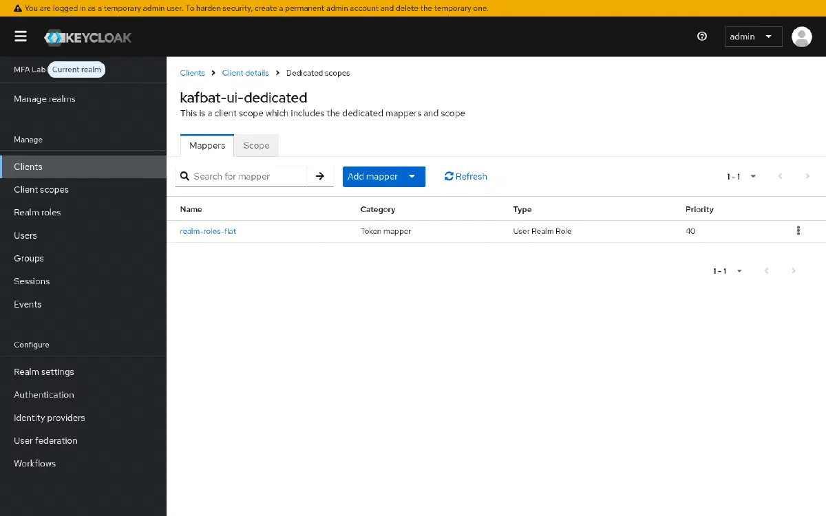 Tela de mappers dedicados do client kafbat-ui, listando realm-roles-flat (User Realm Role)