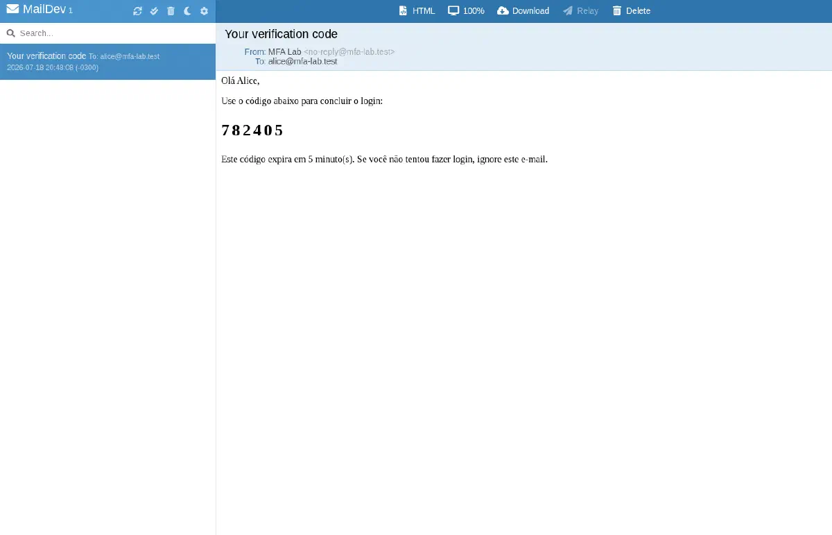 Tela do MailDev mostrando um e-mail de código de verificação renderizado com o tema customizado, endereçado a alice@mfa-lab.test