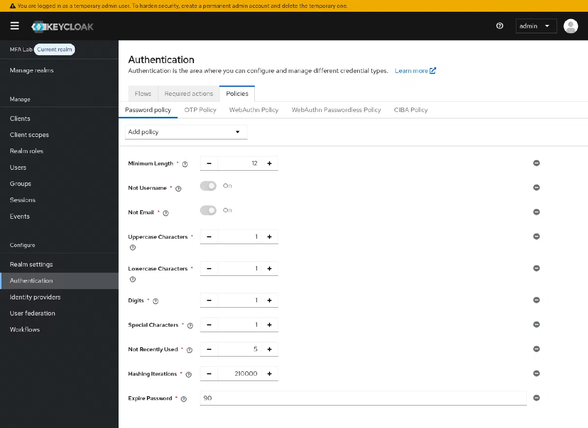 Tela de Password Policy do realm mfa-lab, com as políticas Minimum Length, Not Username, Not Email, Uppercase/Lowercase Characters, Digits, Special Characters, Not Recently Used, Hashing Iterations e Expire Password configuradas