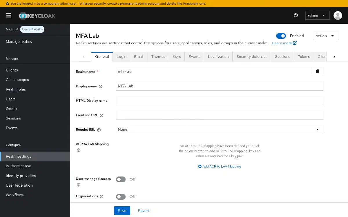 Tela de Realm Settings do realm mfa-lab no Admin Console, mostrando nome, display name e as opções gerais