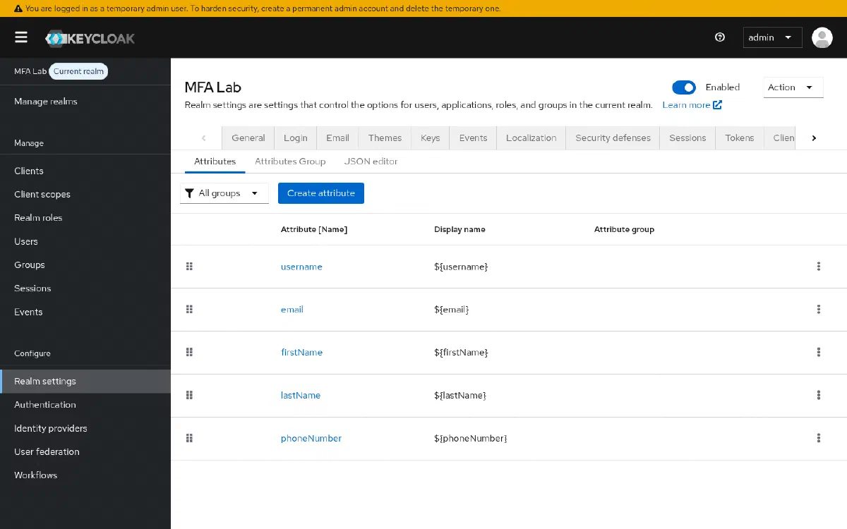 Tela de User Profile Attributes do realm, listando username, email, firstName, lastName e o atributo customizado phoneNumber