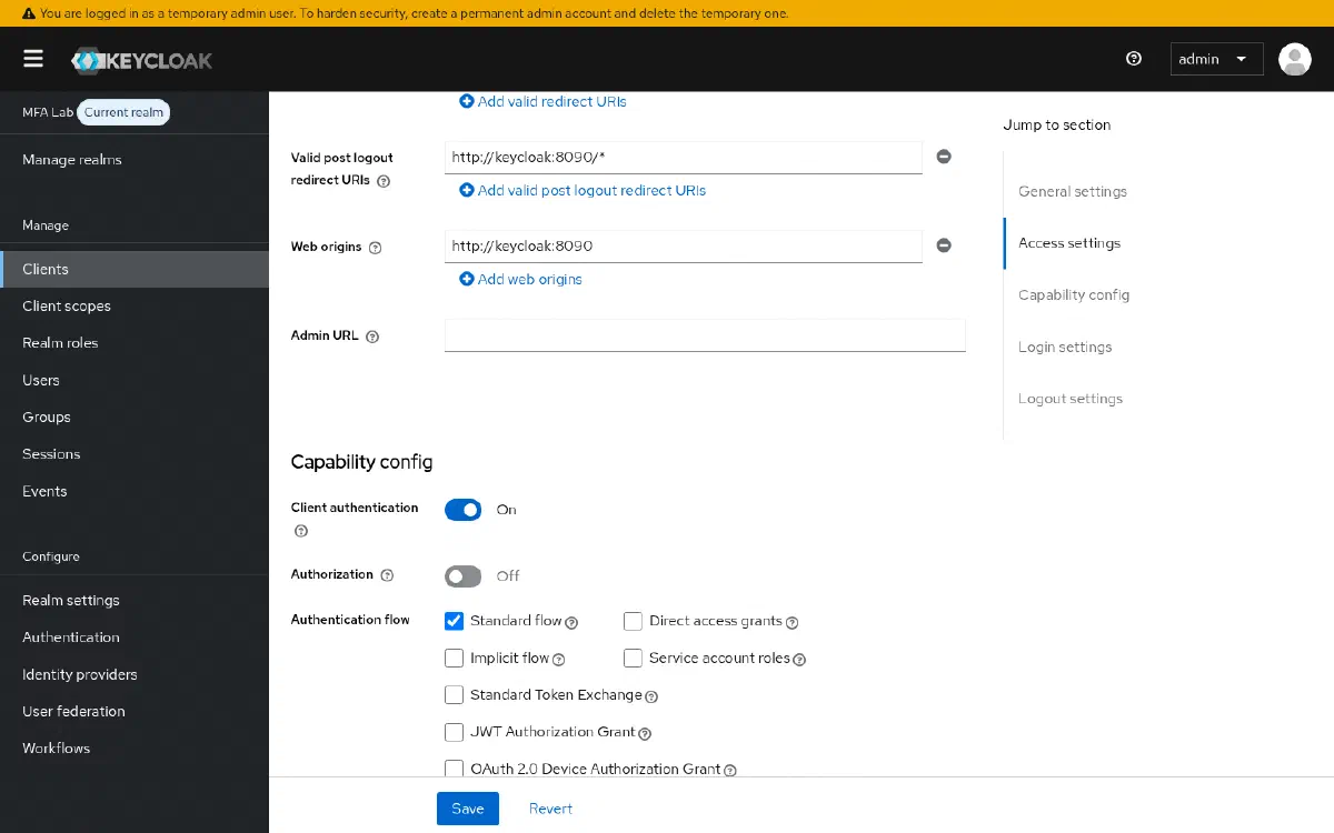 Tela de Capability config do client webapp, com Client authentication ligado e apenas Standard flow marcado