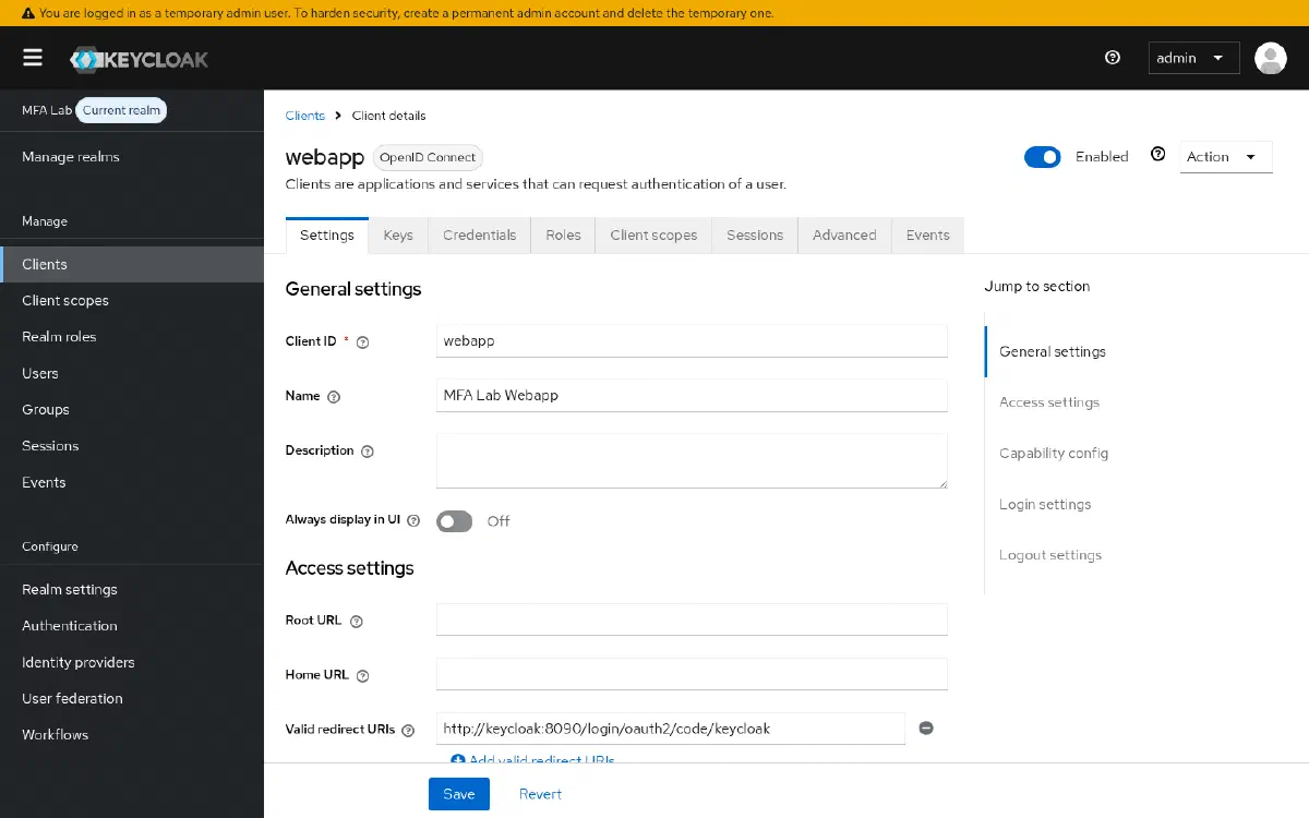 Tela de configurações gerais do client webapp, com o Client ID e a Valid Redirect URI apontando para o callback OAuth2 do Spring