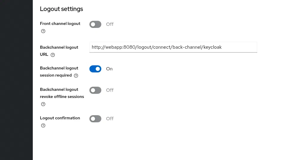Tela de Logout settings do client webapp, com Backchannel logout URL apontando para http://webapp:8080/logout/connect/back-channel/keycloak e Backchannel logout session required ligado